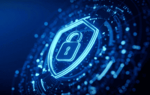 Digital security shield with lock icon in glowing blue.