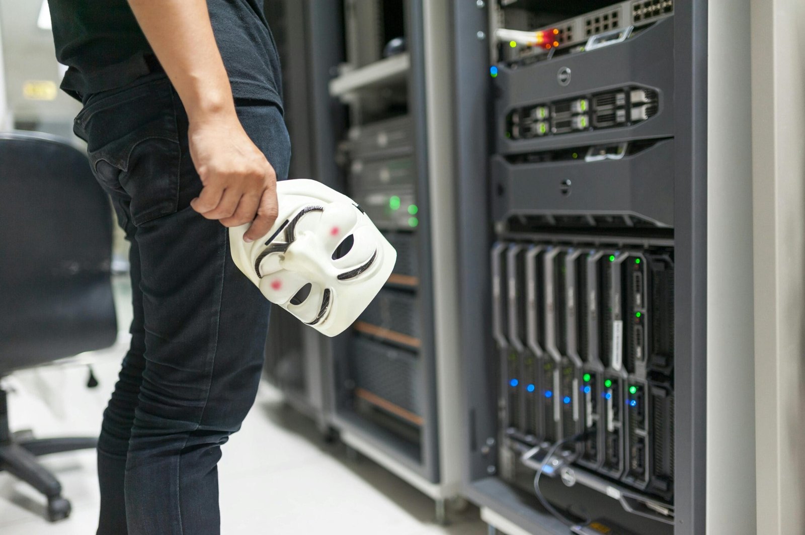 hacker mask in front of IT cabinet