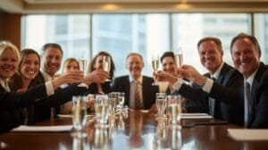 Business professionals clinking champagne glasses during a meeting celebration.