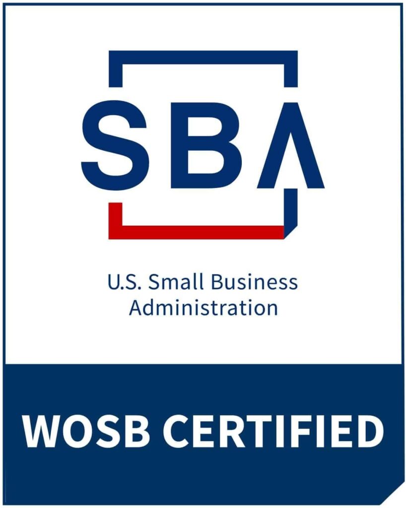 SBA certification logo for U.S. Small Business Administration, WOSB certified badge.