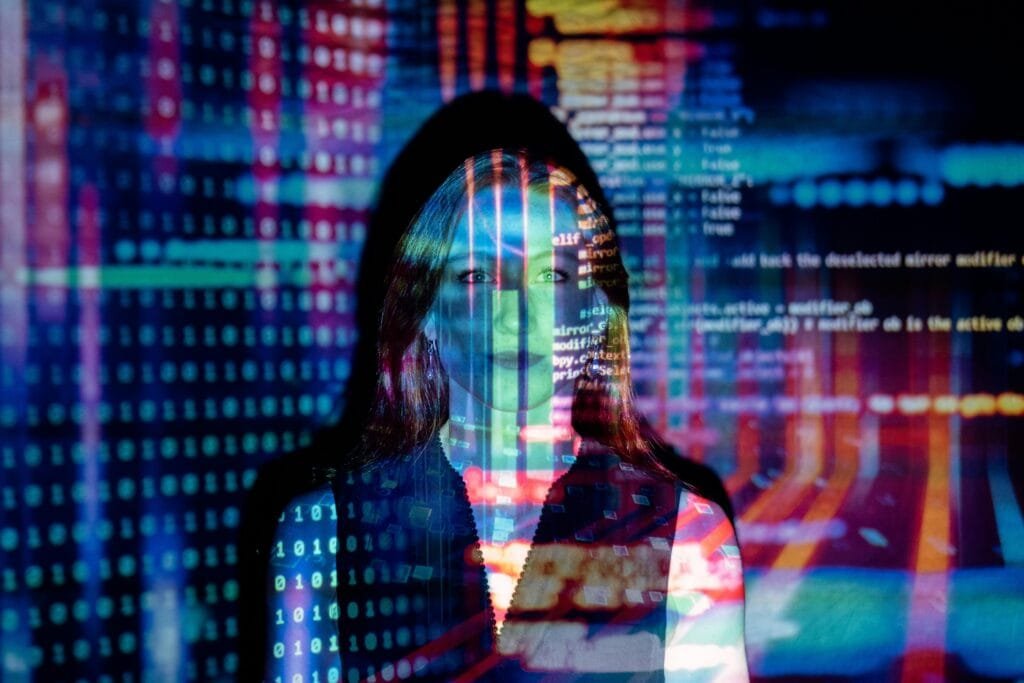female behind wall of data