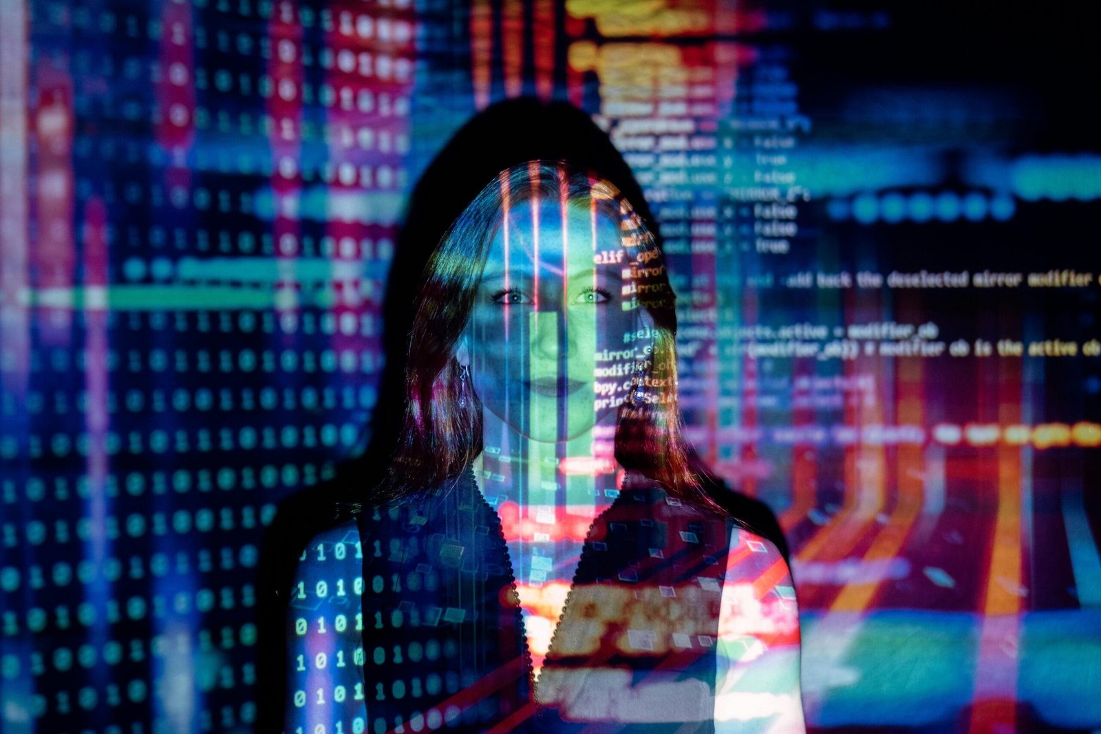 female behind wall of data
