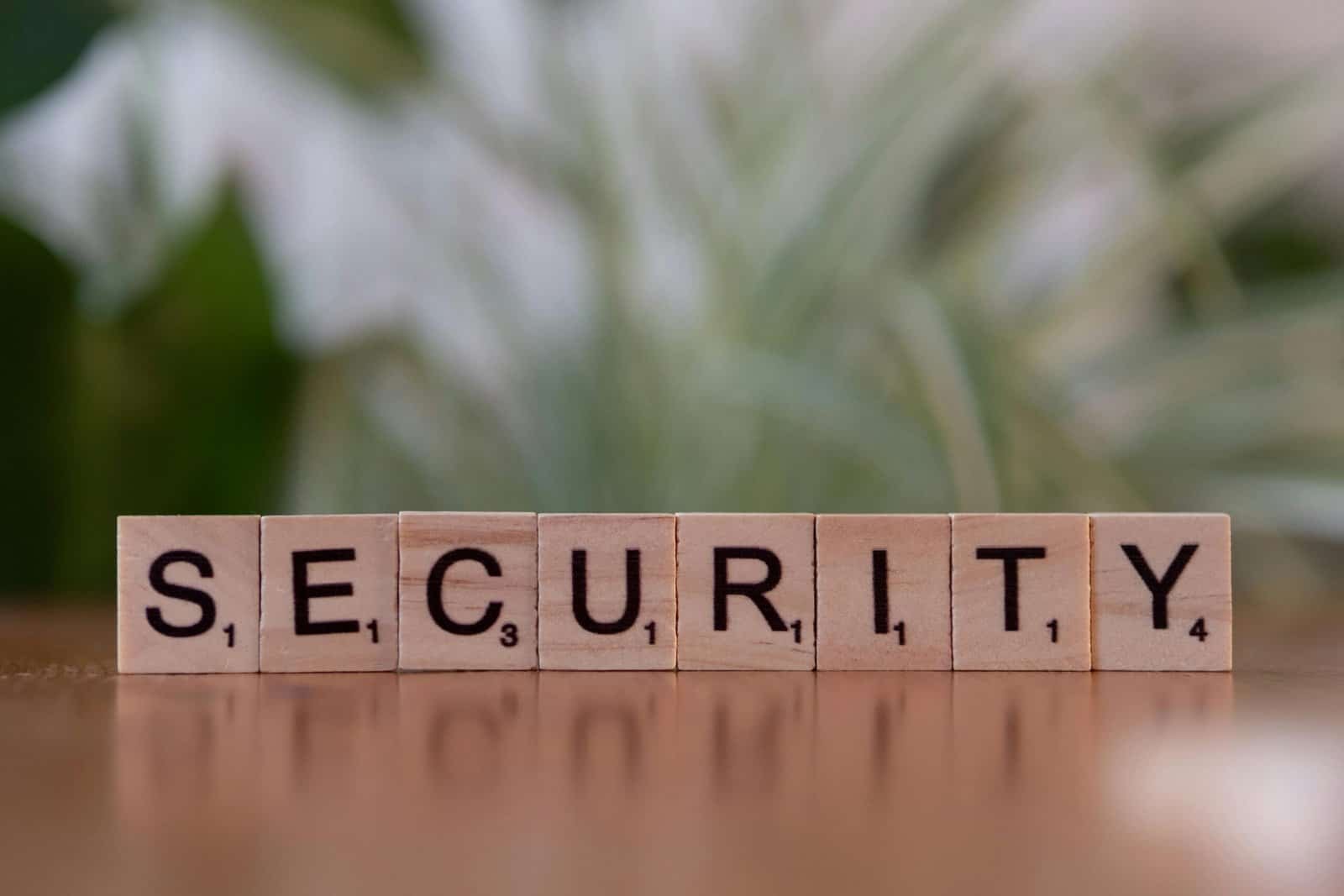 Close-up of wooden letter tiles spelling "SECURITY" on a wooden surface. Background is softly blurred greenery.