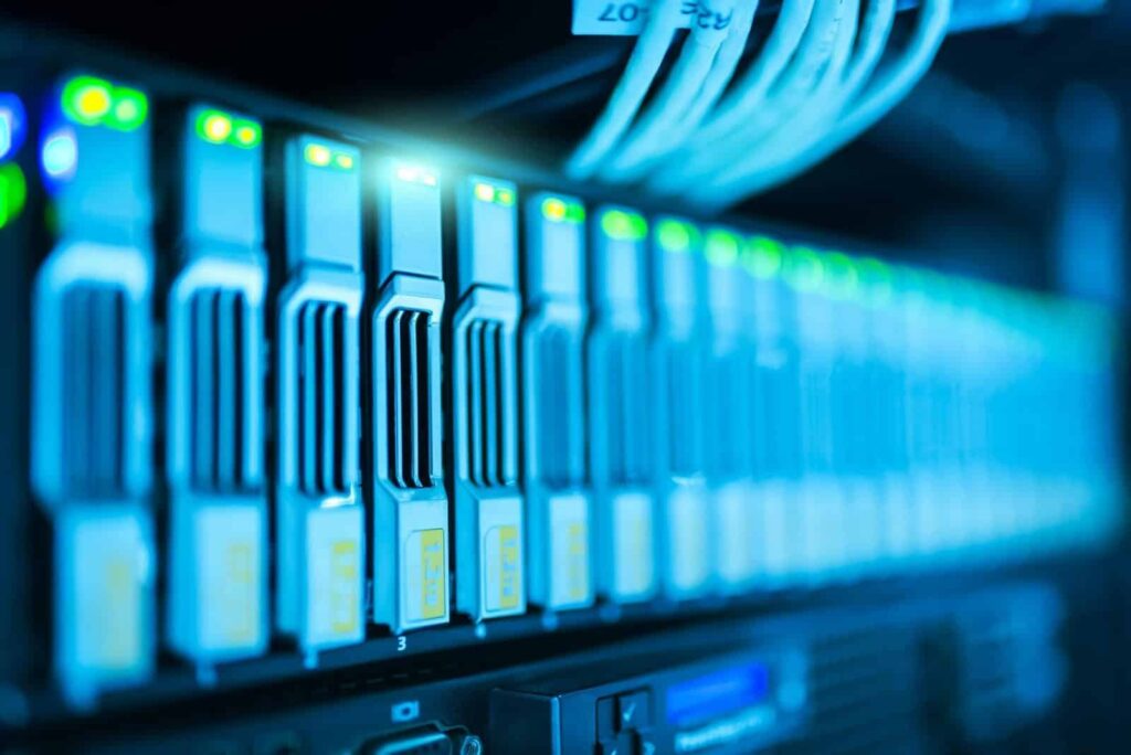 High-tech server hardware with illuminated indicators for data center and IT management.